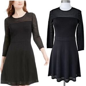 Calvin Klein Black Sweater Knit Pointelle Illusion Fit & Flare Dress P Small